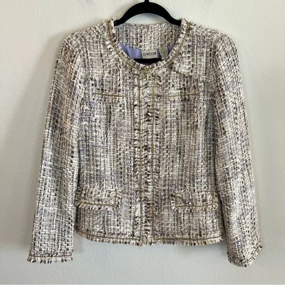 Chico’s Jacket Size 0 (small 4) Fringe Zip Front Beige Lined Career